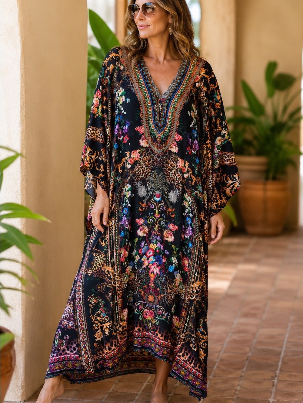 Sakkas OS Viscose Silk Boho Caftan Maxi Dress Floral Animal Print Tall